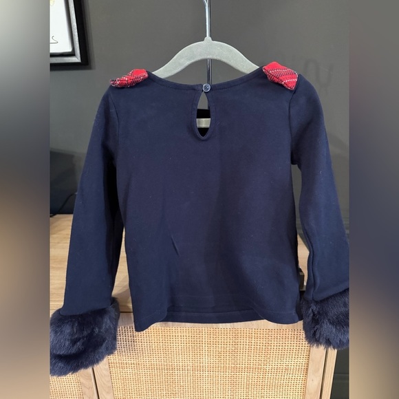Janie and Jack • 3T • Navy Shirt w/ faux fur cuff sleeve and bow at shoulder - Picture 3 of 4